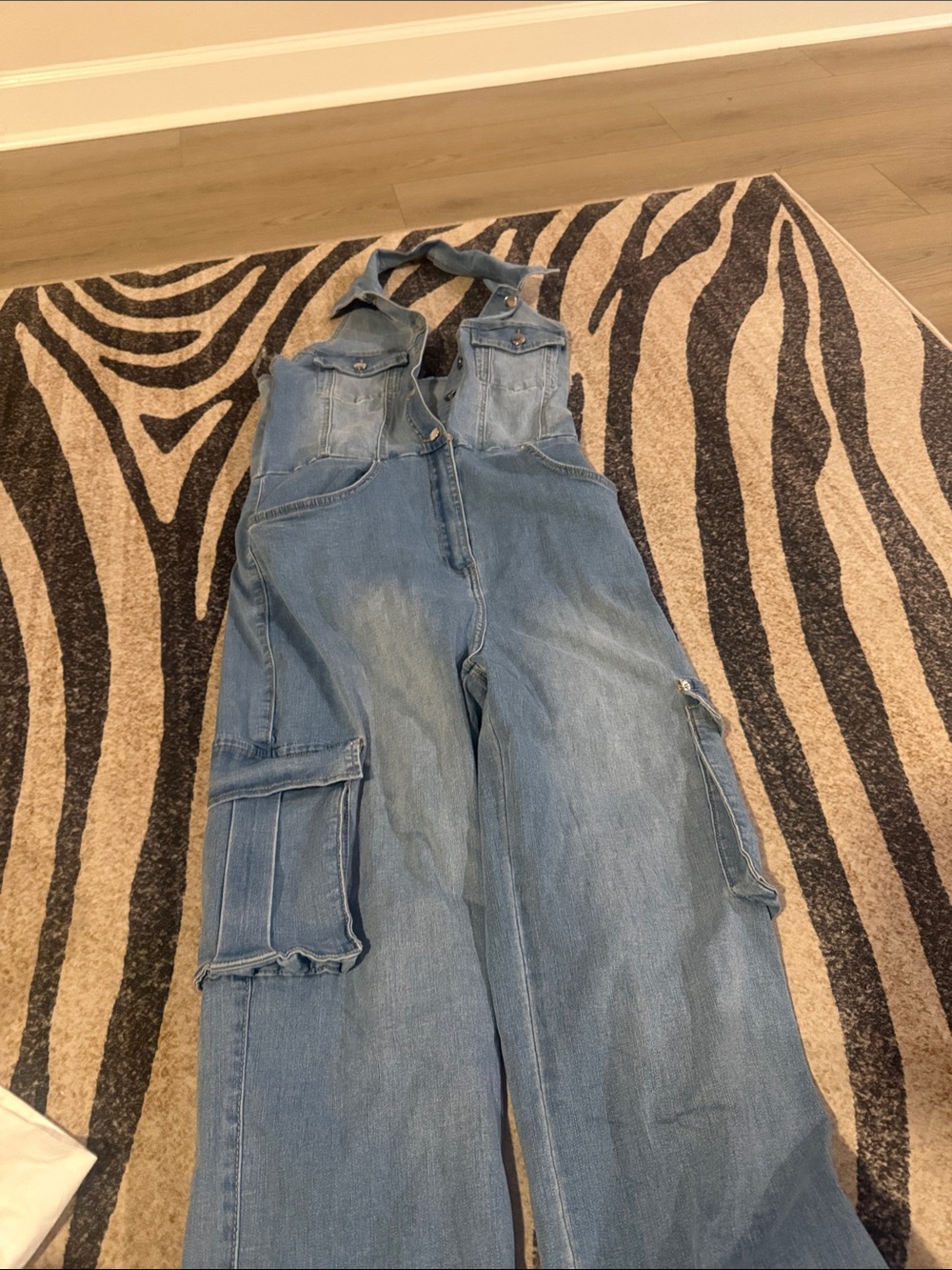 Fashion Nova Light Wash Denim Cargo Overalls